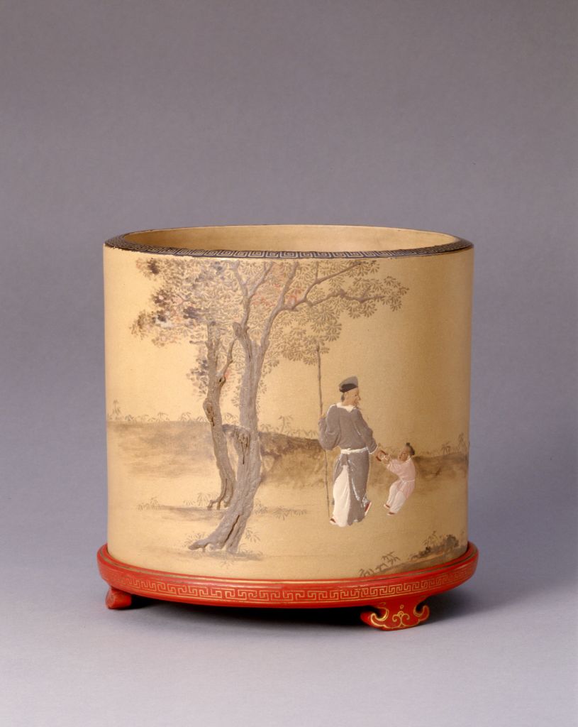 图片[1]-Yixing kiln purple sand painted with gold and painted with a large pen holder-China Archive